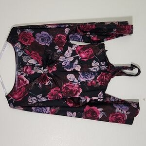 Guess Jazzi Kimono Bell-sleeved thong Floral bodysuit Sz L